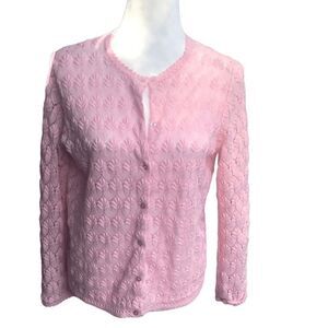 Vintage Americana Knitting Mills Vintage 60s Pink Lace Knit Cardigan Sweater